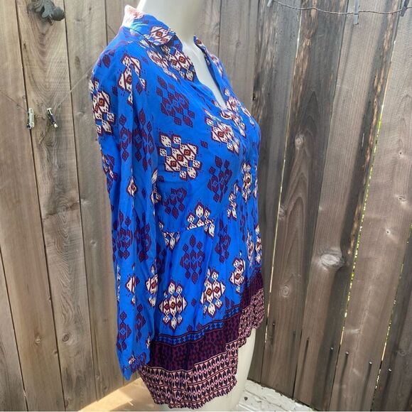 Maeve Anthropologie Woodland Walk Blue Burgundy Tribal Patterned Top Womens Sz 4 - Picture 5 of 6